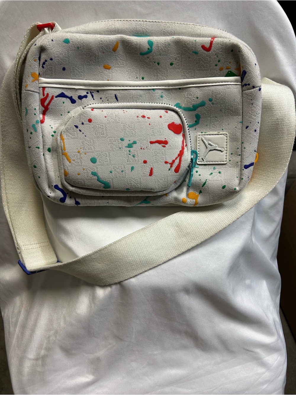 Jordan White Crossbody with Multicolor Paint Splatters